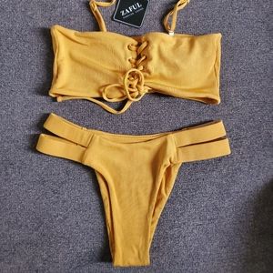 ZAFUL Strapless Ribbed Lace Up High Cut